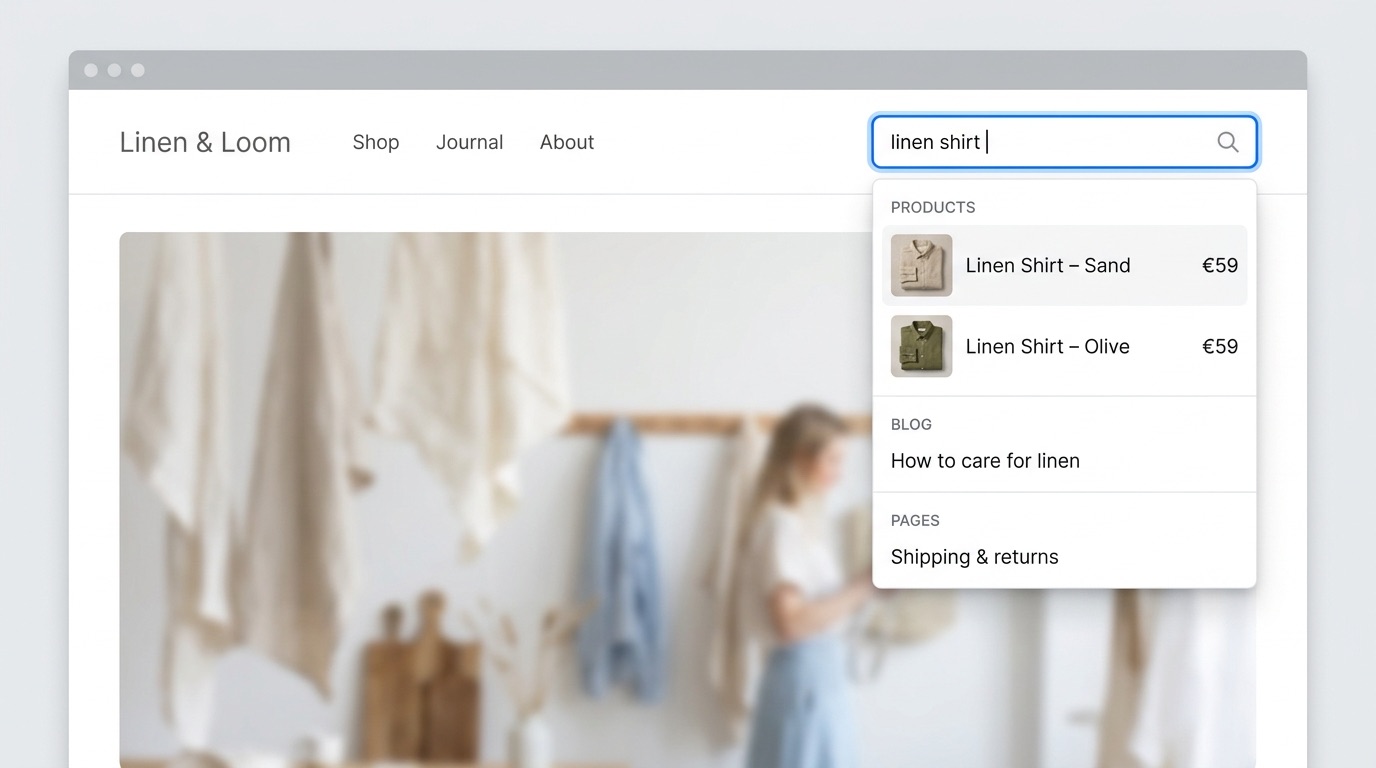 A shop header with Findbar's inline search bar showing grouped suggestions for products, blog posts and pages